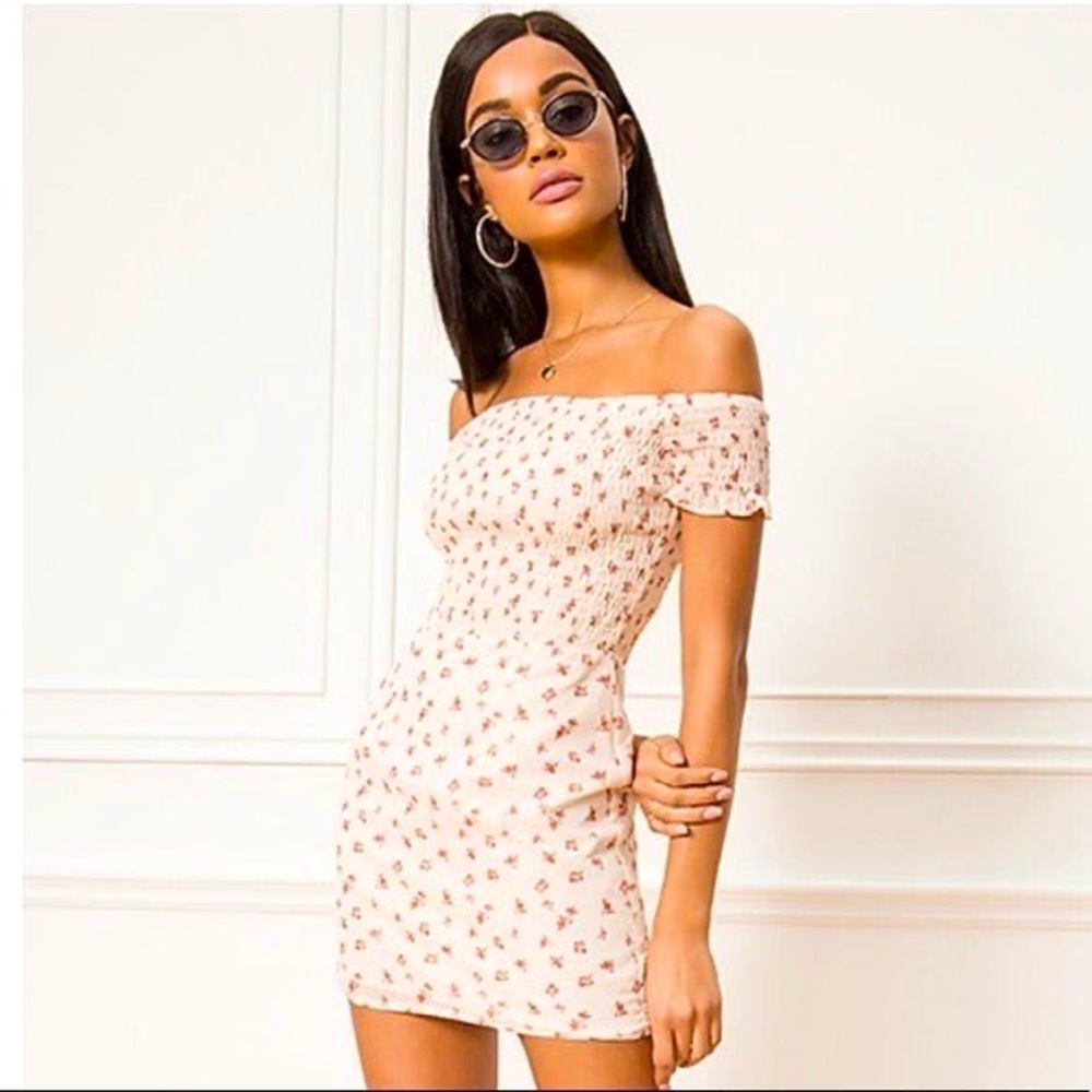 Revolve (Superdown) off the shoulder smocked floral mini dress